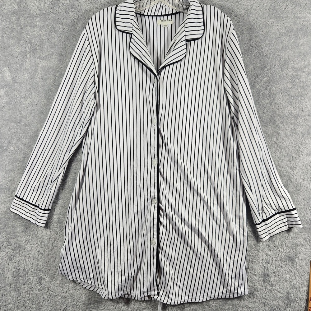 Anne Klein Sleep Shirt Womens Large White Black Striped Button Front Nightgown